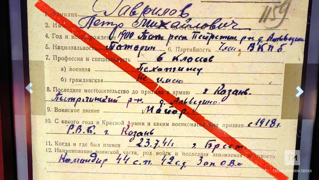 Брест өчен көрәшкән Петр Гавриловның шәхси карточкасында милләте татар дип күрсәтелгән